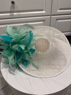 White Sinamay Fascinator with Aqua and Teal Feather Bloom